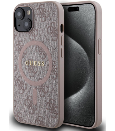 Rožinis dėklas Apple iPhone 14 telefonui "Guess PU Leather 4G Colored Ring MagSafe Case"