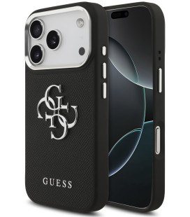 Juodas dėklas Apple iPhone 17 Pro telefonui "Guess PU Grained 4G Metal Logo Case"