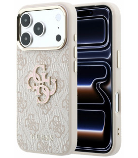 Rožinis dėklas Apple iPhone 18 Pro telefonui "Guess PU 4G Resin Metal Logo Case"