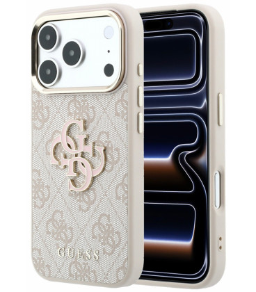 Rožinis dėklas Apple iPhone 18 Pro telefonui "Guess PU 4G Resin Metal Logo Case"