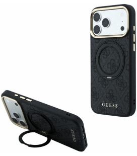 Juodas dėklas Apple iPhone 18 Pro telefonui "Guess PU 4G Ring Stand MagSafe Case"
