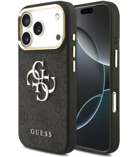 Juodas dėklas Apple iPhone 18 Pro telefonui "Guess PU Leather 4G Metal Logo Gold Frame Case"