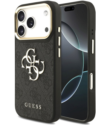 Juodas dėklas Apple iPhone 18 Pro telefonui "Guess PU Leather 4G Metal Logo Gold Frame Case"