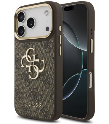 Rudas dėklas Apple iPhone 18 Pro telefonui "Guess PU Leather 4G Metal Logo Gold Frame Case"