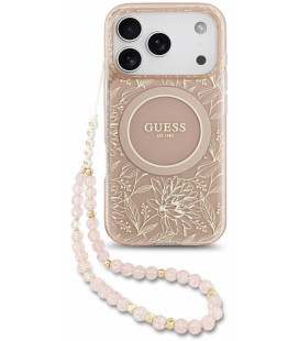 Rožinis dėklas Apple iPhone 18 Pro telefonui "Guess IML Flowers Allover Strap MagSafe Case"