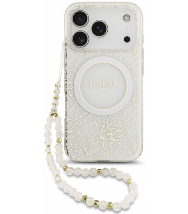 Baltas dėklas Apple iPhone 18 Pro telefonui "Guess IML Flowers Allover Strap MagSafe Case"