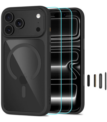 Juodas / skaidrus dėklas + stikliukai Apple iPhone 17 Pro / 18 Pro telefonui "Tech-Protect MagOne Magsafe CC"