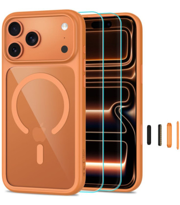 Oranžinis / skaidrus dėklas + stikliukai Apple iPhone 17 Pro / 18 Pro telefonui "Tech-Protect MagOne Magsafe CC"