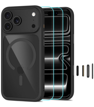 Juodas / skaidrus dėklas + stikliukai Apple iPhone 17 Pro Max / 18 Pro Max telefonui "Tech-Protect MagOne Magsafe CC"