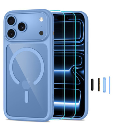 Šviesiai mėlynas / skaidrus dėklas + stikliukai Apple iPhone 17 Pro Max / 18 Pro Max telefonui "Tech-Protect MagOne Magsafe CC"