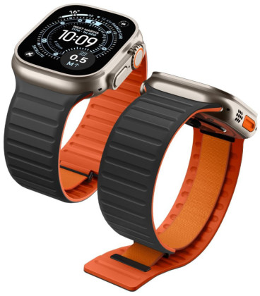 Juoda / oranžinė apyrankė Apple Watch 8 / 9 / 10 / 11 / 12 / SE / Ultra (44 / 45 / 46 / 49 mm) laikrodžiui "Spigen Athlex Air M"