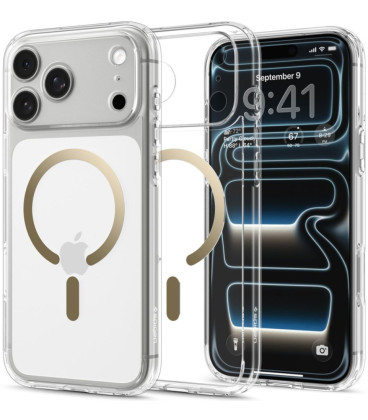 Skaidrus (auksinės spalvos) dėklas Apple iPhone 17 Pro Max / 18 Pro Max telefonui "Spigen Ultra Hybrid Magsafe"