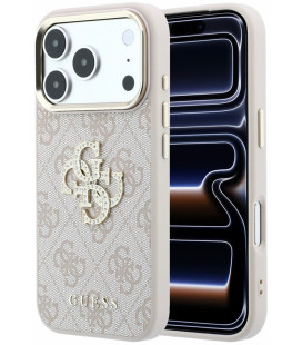 Rožinis dėklas Apple iPhone 18 Pro Max telefonui "Guess PU 4G Strass Metal Logo Case"