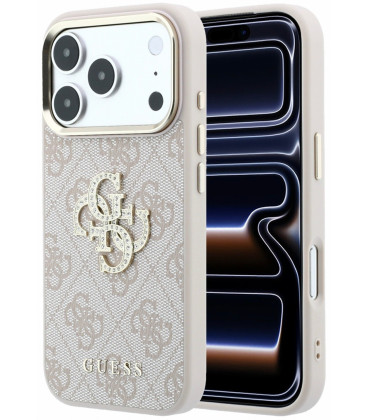 Rožinis dėklas Apple iPhone 18 Pro Max telefonui "Guess PU 4G Strass Metal Logo Case"