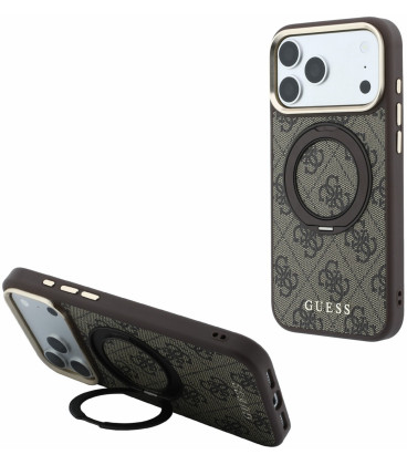 Rudas dėklas Apple iPhone 18 Pro Max telefonui "Guess PU 4G Ring Stand MagSafe Case"
