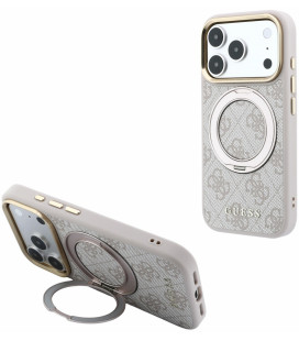 Rožinis dėklas Apple iPhone 18 Pro Max telefonui "Guess PU 4G Ring Stand MagSafe Case"
