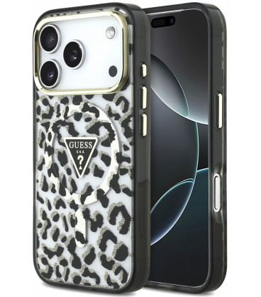 Juodas dėklas Apple iPhone 18 Pro Max telefonui "Guess IML Glitter Leopard Triangle Logo MagSafe Case"