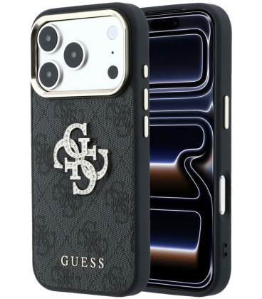 Juodas dėklas Apple iPhone 18 Pro telefonui "Guess PU 4G Strass Metal Logo Case"