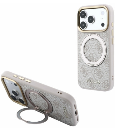 Rožinis dėklas Apple iPhone 18 Pro telefonui "Guess PU 4G Ring Stand MagSafe Case"