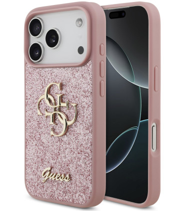 Rožinis dėklas Apple iPhone 18 Pro telefonui "Guess PU Fixed Glitter 4G Metal Logo Case"