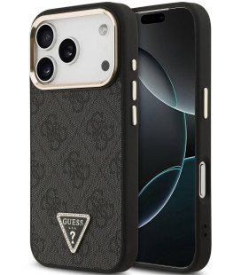 Juodas dėklas Apple iPhone 18 Pro telefonui "Guess PU Leather 4G Strass Triangle Logo Gold Frame MagSafe Case"