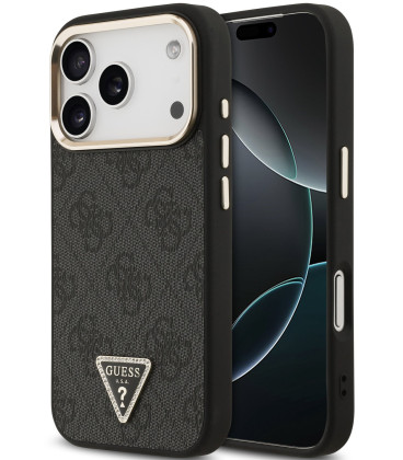Juodas dėklas Apple iPhone 18 Pro telefonui "Guess PU Leather 4G Strass Triangle Logo Gold Frame MagSafe Case"