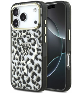 Juodas dėklas Apple iPhone 18 Pro telefonui "Guess IML Glitter Leopard Triangle Logo MagSafe Case"