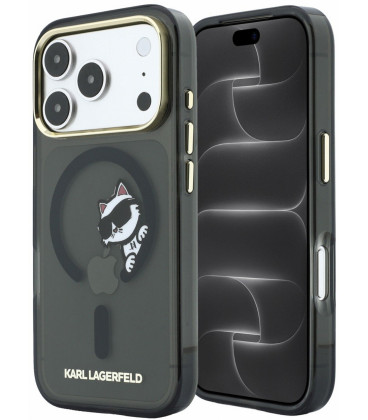 Juodas dėklas Apple iPhone 18 Pro Max telefonui "Karl Lagerfeld IML Choupette Peekaboo Magsafe Case"