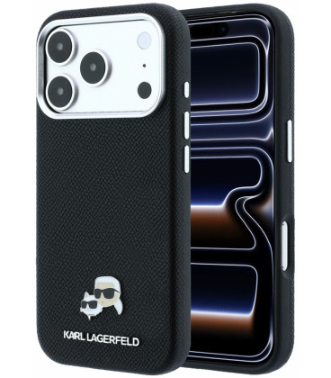 Juodas dėklas Apple iPhone 18 Pro telefonui "Karl Lagerfeld PU Grained Semi Wrap K&CH Heads Magsafe Case"