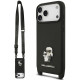 Juodas dėklas Apple iPhone 18 Pro telefonui "Karl Lagerfeld Saffiano Crossbody Strap Metal Karl and Choupette Case"