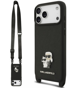 Juodas dėklas Apple iPhone 18 Pro telefonui "Karl Lagerfeld Saffiano Crossbody Strap Metal Karl and Choupette Case"