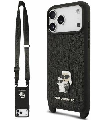 Juodas dėklas Apple iPhone 18 Pro telefonui "Karl Lagerfeld Saffiano Crossbody Strap Metal Karl and Choupette Case"