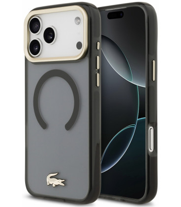 Juodas dėklas Apple iPhone 18 Pro Max telefonui "Lacoste IML Shockproof Petit Pique Gold Logo MagSafe Case"