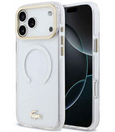 Skaidrus dėklas Apple iPhone 18 Pro Max telefonui "Lacoste PC/TPU Frosted Finish Gold Logo MagSafe Case"