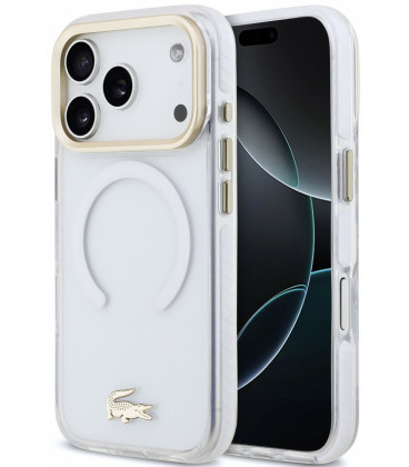 Skaidrus dėklas Apple iPhone 18 Pro telefonui "Lacoste PC/TPU Frosted Finish Gold Logo MagSafe Case"