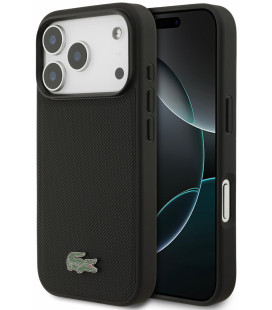 Juodas dėklas Apple iPhone 18 Pro telefonui "Lacoste PVC Iconic Petit Pique Metal Logo MagSafe Case"