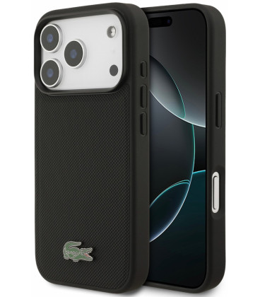 Juodas dėklas Apple iPhone 18 Pro telefonui "Lacoste PVC Iconic Petit Pique Metal Logo MagSafe Case"