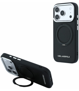 Juodas dėklas Apple iPhone 18 Pro telefonui "Karl Lagerfeld PU Saffiano Ring Stand MagSafe Case"