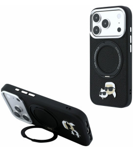 Juodas dėklas Apple iPhone 18 Pro Max telefonui "Karl Lagerfeld PU Grained K&CH Heads Ring Stand Magsafe Case"