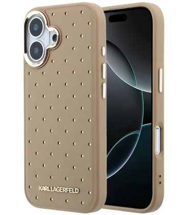 Smėlio spalvos dėklas Apple iPhone 17 telefonui "Karl Lagerfeld PU Perforated Gold Dots MagSafe Case"