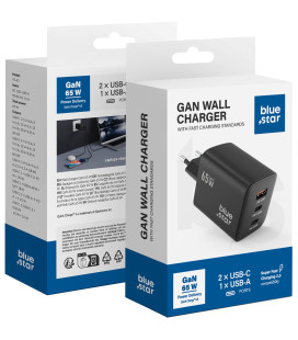 Juodas 1xUSB-A + 2xUSB-C GaN QC4.0 PD 4A 65W pakrovėjas "Blue Star VT-43"