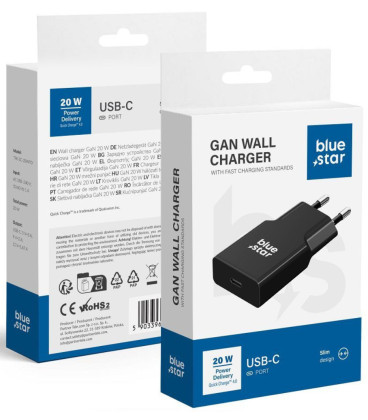 Juodas 1xUSB-C GaN QC4.0 PD 3A 20W pakrovėjas "Blue Star Slim TFK-SC-20WPD"