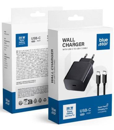 Juodas 1xUSB-C QC3.0 PD 20W 3A pakrovėjas + kabelis USB C į USB C "Blue Star TFB-TC-20WPD"