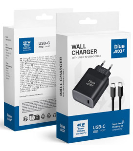 Juodas 1xUSB-C QC4.0 PD 3A 45W pakrovėjas + kabelis USB C į USB C "Blue Star TFB-TC-45WPD"