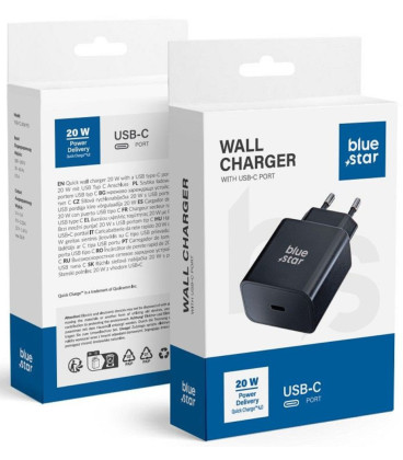 Juodas 1xUSB-C QC3.0 PD 3A 20W pakrovėjas "Blue Star TFB-TC-20WPD"