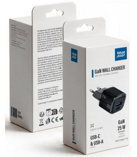 Juodas 1xUSB-A + 1xUSB-C GaN QC4.0 PD 3A 25W pakrovėjas "Blue Star Nano VT-331"