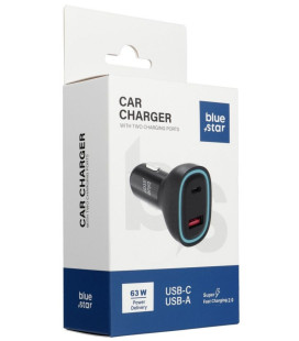 Juodas 1xUSB-A + 1xUSB-C 3A 63W PD QC3.0 AFC PPS SFC2.0 automobilinis pakrovėjas "Blue Star"