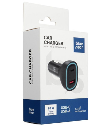 Juodas 1xUSB-A + 1xUSB-C 3A 63W PD QC3.0 AFC PPS SFC2.0 automobilinis pakrovėjas "Blue Star"