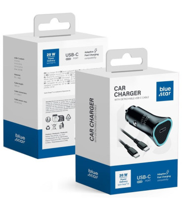 Juodas 1xUSB-C QC3.0 PD AFC 3A 20W automobilinis pakrovėjas + kabelis USB C į USB C "Blue Star"