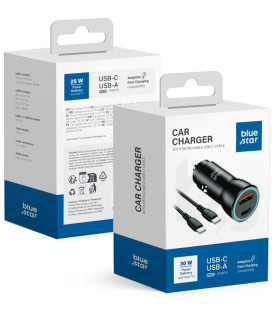 Juodas 1xUSB-A 1xUSB-C QC3.0 PD AFC PPS 3A 30W automobilinis pakrovėjas + kabelis USB C į USB C "Blue Star"